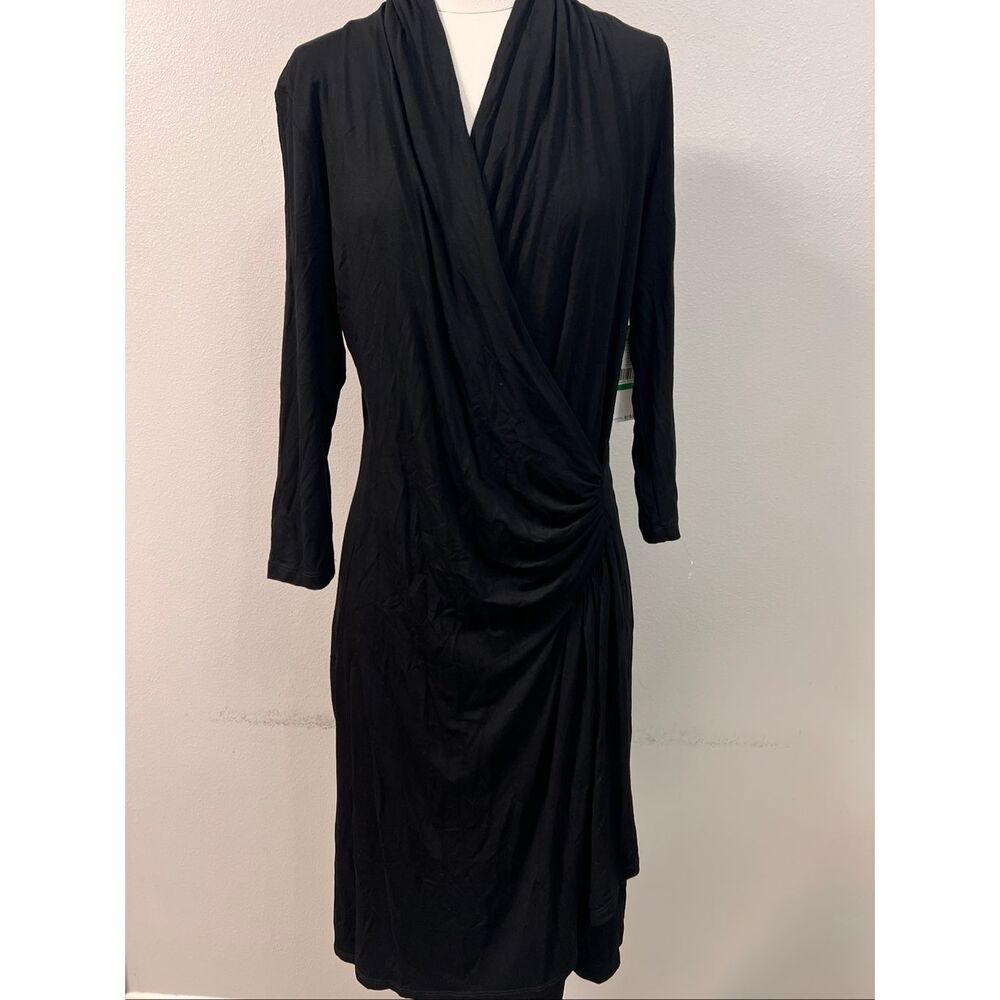 NWT Karen Kane Women's Cascade Surplice Neck 3/4 Sleeve Wrap Dress Black Large